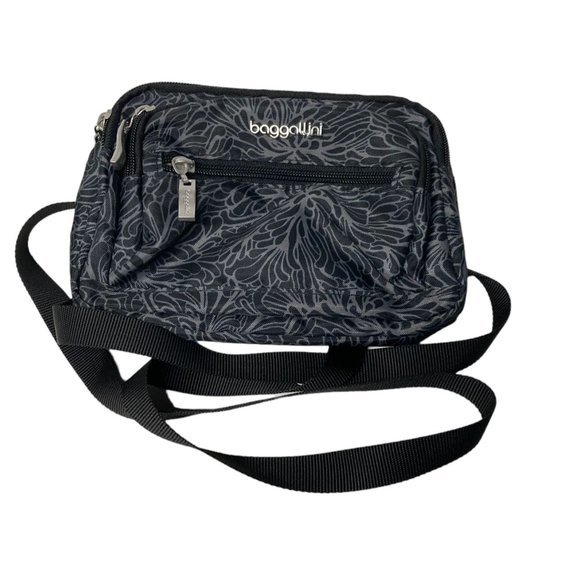 Baggallini Mini Crossbody Purse Midnight Blossom 5 Zippered Compartments - Picture 1 of 9